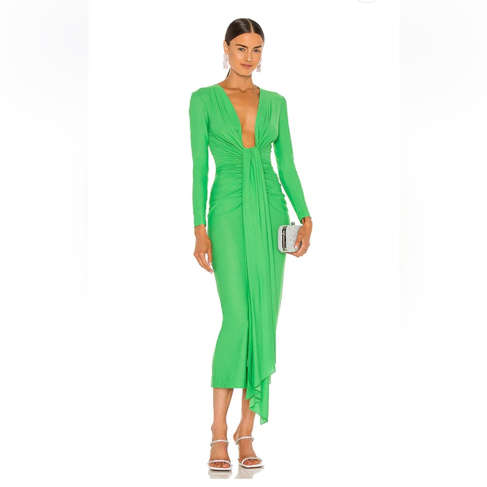 Solace London Lorena Midi Long Sleeve Draped Dress in Bright Green Sz 6 US